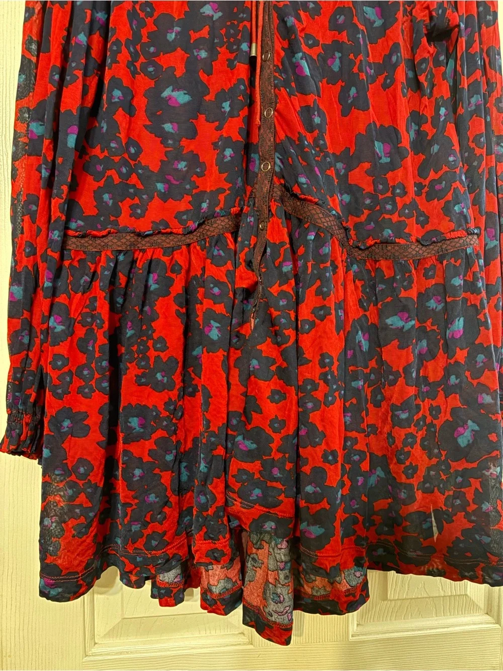 Free People Red & Blue Floral Peasant Mini Dress
